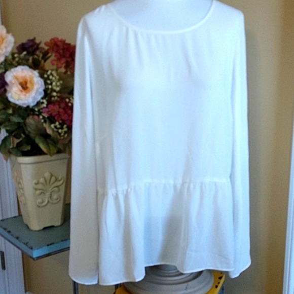 NEW PLUS 2X Top Blouse Peplum Pullover White Lace Sheer Vback Long Sleeve Decree - Picture 2 of 7
